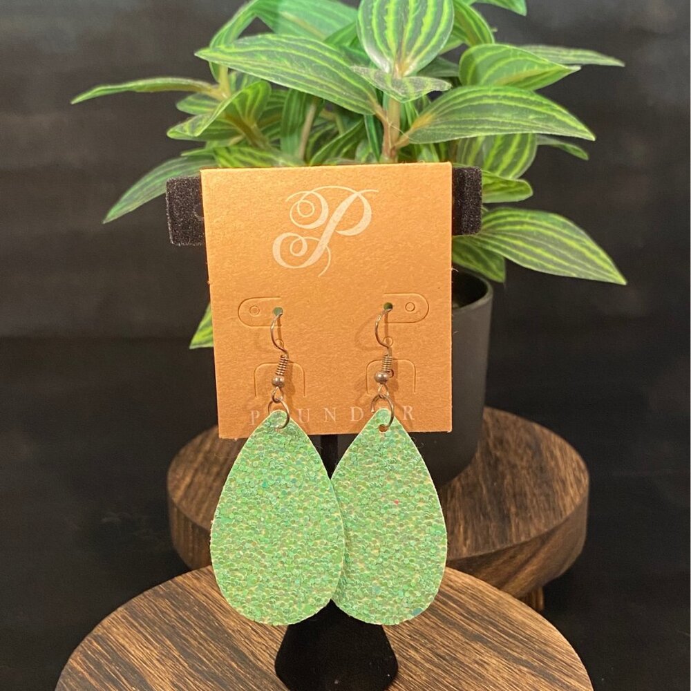 NWT Plunder Leather Sequin Sparkle Mint Green Glitter Teardrop Earrings